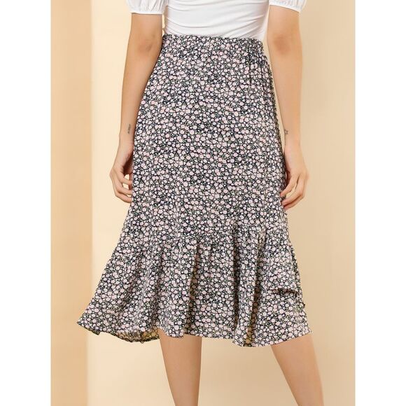 Floral Skirt Elastic Waist High Low Ruffle Hem Midi Skirts Dark Blue - Picture 5 of 6